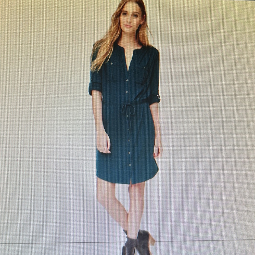 LOFT Deep Green Button-Up Knit Shirtdress Medium - Picture 2 of 7
